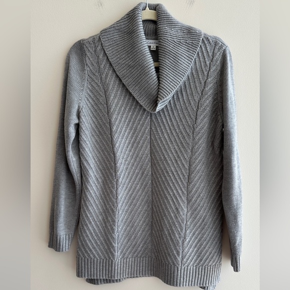 Calvin Klein Cable Knit Cowl Neck Grey Sweater, Women’s Medium Gray Pullover - Picture 1 of 16